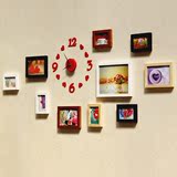 现代心形实木照片墙带挂钟餐厅相框墙简约钟表创意组合相片墙10框