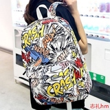 Mm时尚新款双肩包女韩版学院风卡通涂鸦印花帆布潮流背包中学生书