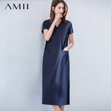 Amii[极简主义]夏女新款V领宽松大码短袖休闲直筒显瘦长裙连衣裙