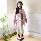 韩国精品女童夹棉长款菱形格粉色大衣宽松韩版外套棉衣潮女宝童装