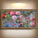 中式牡丹九鱼图花卉风景手绘油画美式客厅沙发背景挂画装饰画欧式
