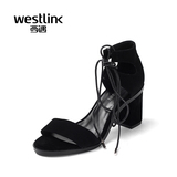 Westlink西遇女鞋2016夏季新款交叉绑带粗高跟一字带露趾凉鞋女夏
