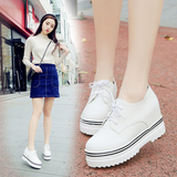 16新款韩版小白鞋松糕厚底内增高单鞋圆头系带深口坡跟女鞋学生鞋