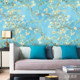 3D现代油画蓝色杏花酒店客厅沙发卧室电视背景墙无缝壁纸墙纸壁画