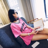 韩国夏季新款宽松显瘦V领纯棉印花中袖中长款短袖棒球衫T恤衫 女