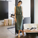 2016韩国夏装新款无袖中长款一步裙圆领休闲假两件棉麻拼接连衣裙