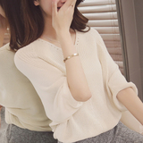 夏季新款韩版女士套头v领纯色宽松大码五分袖蝙蝠衫毛衣针织衫女