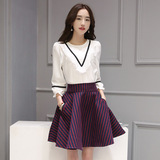 2016春季新款韩版时尚七分袖上衣条纹口袋半身A字短裙两件套装女