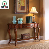 美式实木玄关桌 复古雕花沙发背几 欧式门厅柜玄关台装饰桌现货