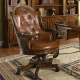 美式实木雕花办公椅 欧式真皮书椅 高档实木真皮老板椅 躺椅 转椅
