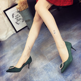 韩版气质优雅水钻尖头绒面甜美细跟中跟绿色浅口单鞋OL工作鞋女鞋