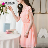 紫檀夏装新款韩版大码女装夏季修身显瘦裙子雪纺短袖连衣裙潮