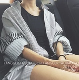韩版BF风宽松中长款条纹长袖衬衫女学生夏装新品显瘦防晒衬衣外套
