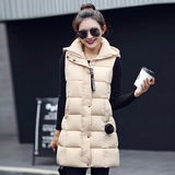 2016冬装新款韩版时尚女修身无袖连帽中长款羽绒服马甲大衣外套潮