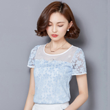2016夏季新款韩版短袖镂空t恤时尚拼接百搭上衣雪纺蕾丝打底衫潮