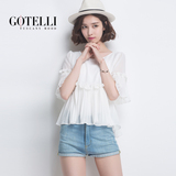 GOTELLI夏装纯色T恤女韩版宽松百褶喇叭袖雪纺衫甜美荷叶边上衣薄