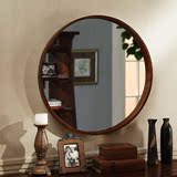 品之印 美式橡木实木化妆镜圆形公主镜门厅装饰镜玄关镜简约壁挂?
