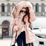 2015韩版时尚修身中长款大毛领收腰侧拉链保暖厚羽绒服女外套