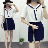 夏季新款时尚海军学院风t恤+日系甜美显瘦a字半身裙套装女两件套