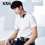GXG男装 夏装新品 男士修身白色拼接黑白印花领短袖衬衫#52223463
