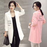 2016春款女装韩版中长款小西装女外套休闲修身七分袖棉麻风衣外套