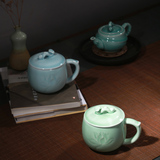 龙泉青瓷大号茶杯陶瓷汝窑茶杯带盖过滤个人手绘办公杯玲珑泡茶杯