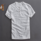 夏季亚麻男士立领短袖衬衣青年中国风复古棉麻半袖中式宽松衬衫