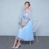 伴娘服中长款2016新款韩版时尚宴会晚礼服蓝色伴娘礼服女修身夏季