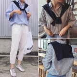 女装夏装2016新款时尚条纹polo领披肩衬衣韩版中袖衬衫上衣女学生
