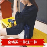 2016夏新款韩版时尚开叉系带中袖T恤女宽松显瘦百搭中长款上衣女