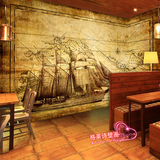 欧式大型怀旧复古风帆船壁纸 咖啡厅休闲吧餐厅背景墙纸大型壁画