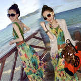 韩版波西米亚沙滩裙 V领挂脖连衣裙印花雪纺长裙显瘦绿色裙度假裙