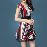 夏季连衣裙条纹短袖韩版女装夏装2016新款大码修身显瘦短裙a字裙