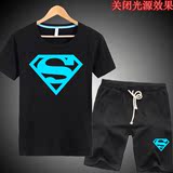夜光蝙蝠侠钢铁侠超人衣服夏季青少年薄款短袖t恤运动荧光套装男
