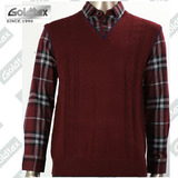 金纺秋款男士纯羊毛针织衫 红蓝色假两件中年商务毛衣保暖厚款
