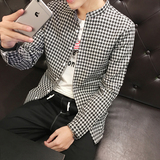 男士立领衬衫男装韩版修身长袖黑白格子大码衬衣潮牌青年寸衫外套