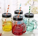 创意渐变彩色梅森玻璃瓶 果汁饮料透明带盖送硬塑料吸管水杯子