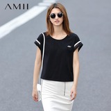 Amii旗舰店2016夏极简主义女装宽松圆领印花织带网格短袖T恤艾米