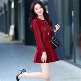 2016秋冬女装韩版新款两件套纯色圆领镂空针织衫A字裙短裙套装裙