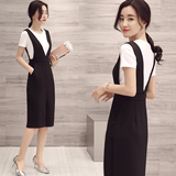 韩版白色t恤深v领背带裙中长款套装裙女黑色修身背心连衣裙两件套
