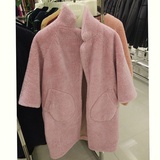 冰域欧洲站外贸大牌时尚粉色立领 女式中长款羊毛皮毛一体外套潮