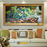 简约欧式中式别墅客厅风景装饰画九鲤鱼荷花图有框手绘油画DL635