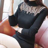 2015秋冬装新款韩版高领百搭修身套头蕾丝针织衫毛衣女性感打底衫