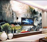 中式大型壁画书房壁纸客厅电视背景墙纸高山流水瀑布国画山水风景