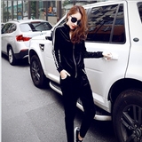 2016韩国春秋季新款运动跑步服女套装黑色修身显瘦天鹅绒长裤外套