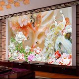 尤蔓大型壁画花开富贵牡丹孔雀3D玉雕墙纸壁画现代中式客厅电视背