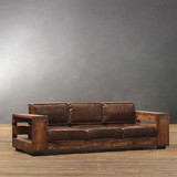 新古典实木沙发椅中式卡座工业风格家具红木沙发复古做旧皮革沙发