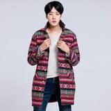 韩国正品代购 秋款男士复古民族风彩色花纹翻领中长款宽松外套