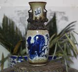 热卖民间收藏老瓷清代哥窑青花狮子花瓶古玩瓷器古董摆件花插仿古