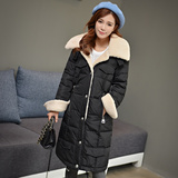 2015新款韩版大码加厚修身长款羊羔毛羽绒服女中长款过膝休闲外套